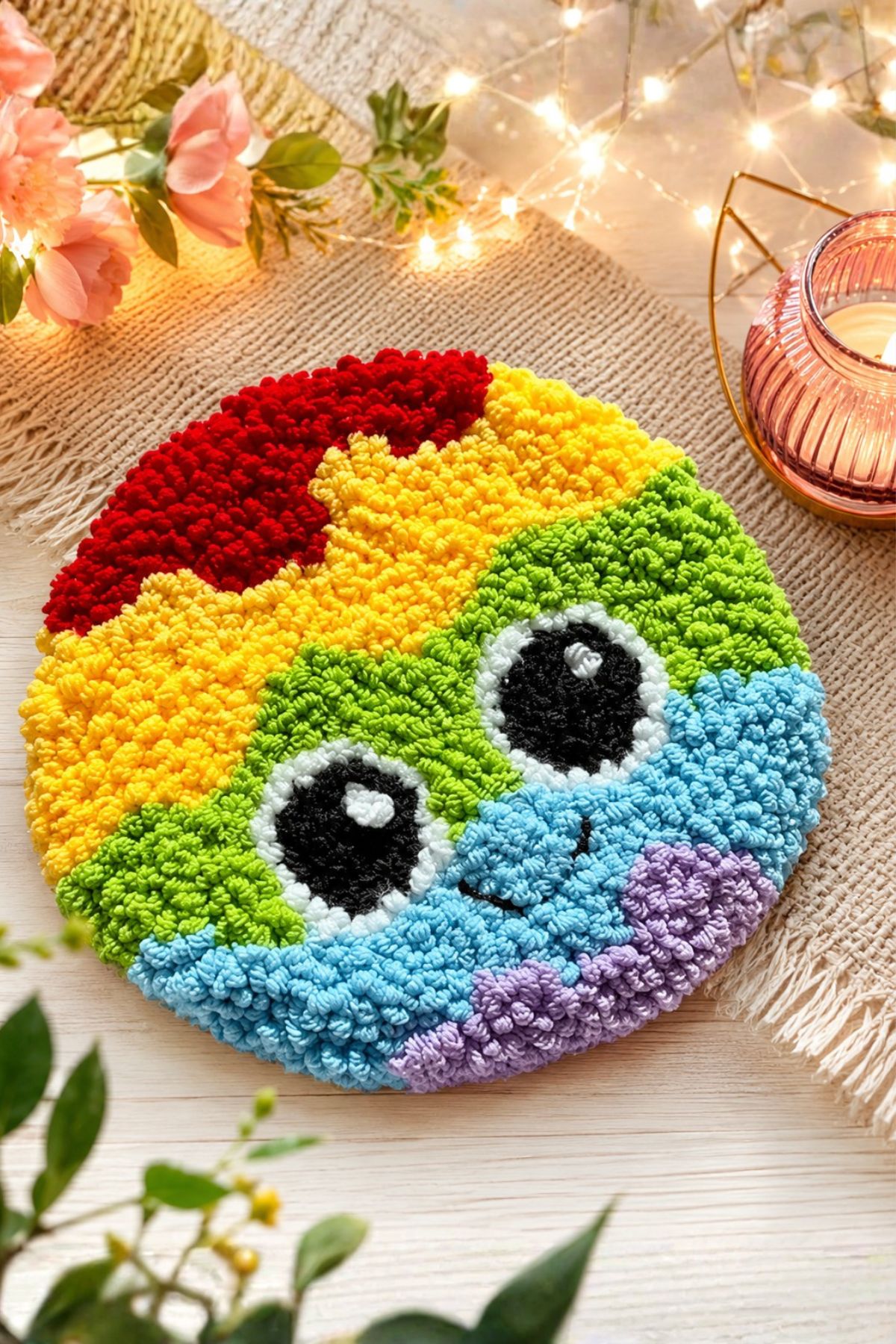Handmade rainbow smiley face tufted rug