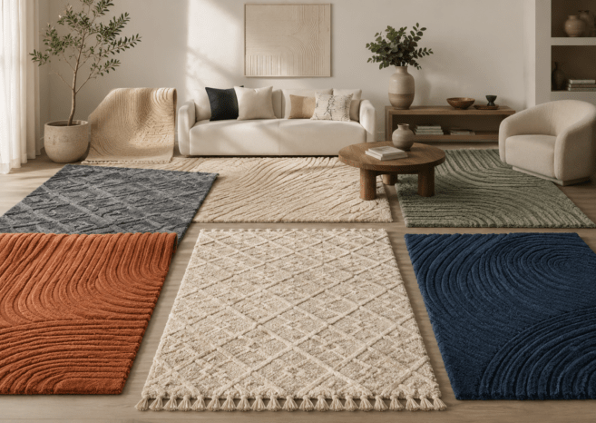 Five hand-tufted rugs in rust, cream, navy, grey and sage laid out in a living room