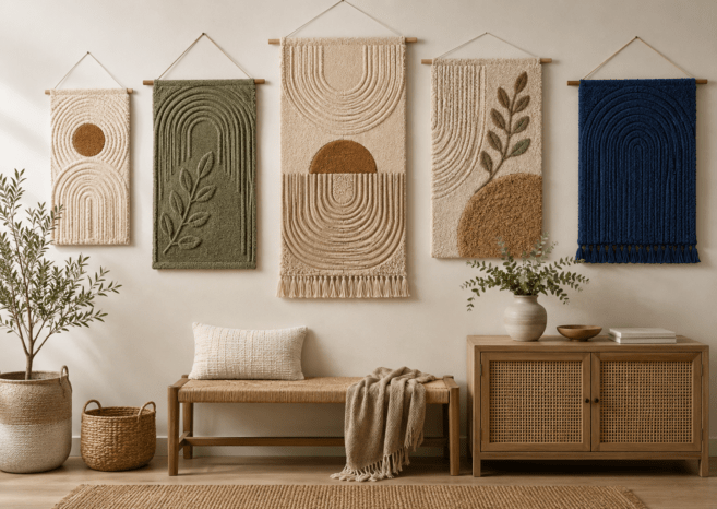 Hand-tufted wall hangings above a wooden bench