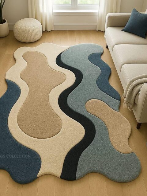 Modern abstract handmade tufted wool area rug with organic wave design for living room