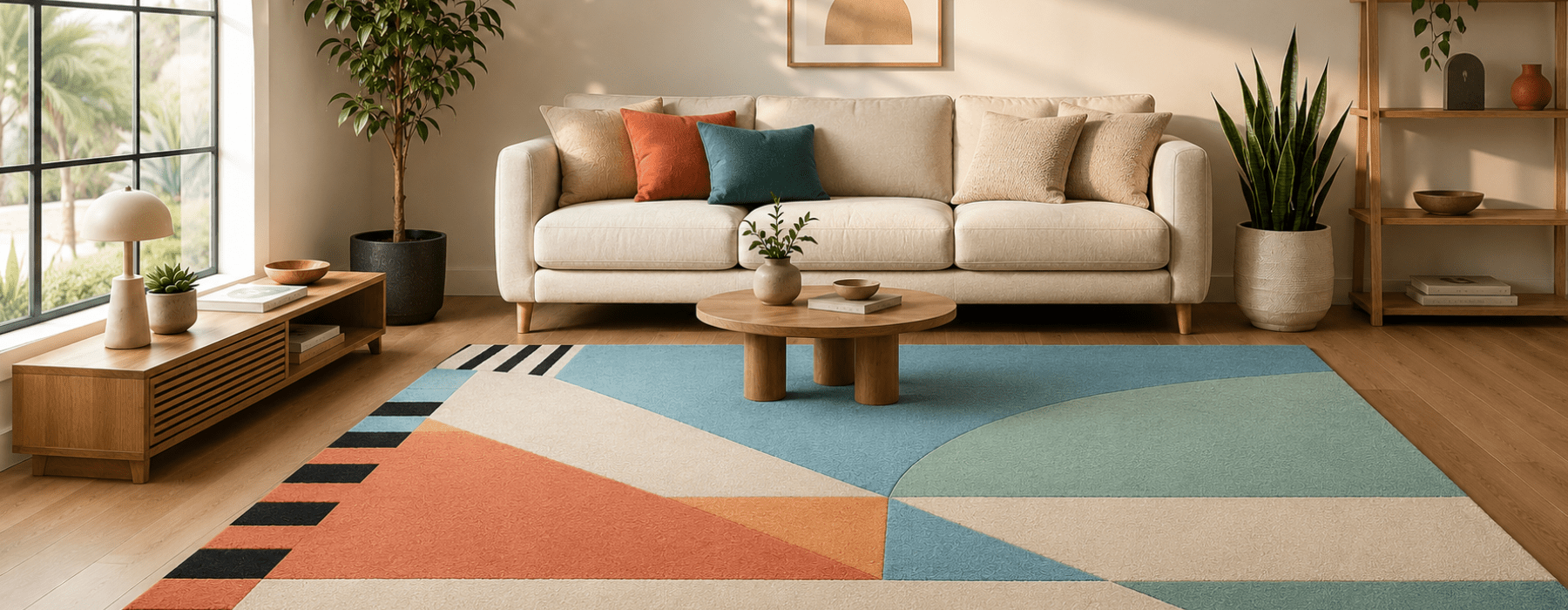 Living room with a hand-tufted rug in terracotta, cream and blue