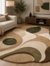 Modern abstract tufted area rug in beige and olive green with organic curved design