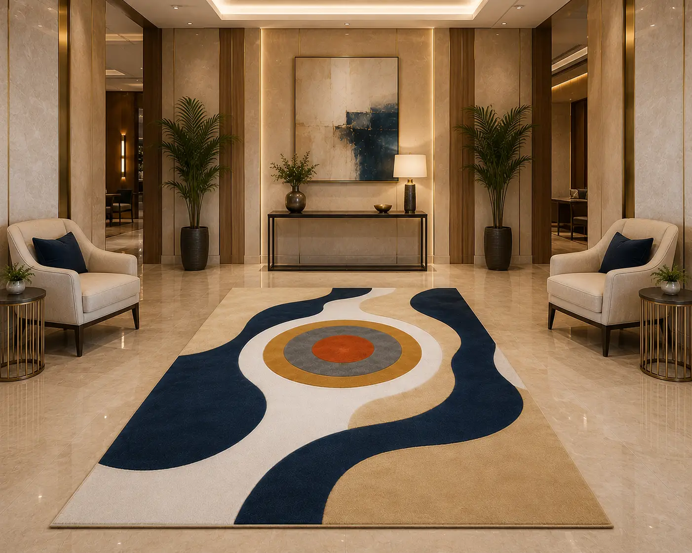 Modern abstract hand tufted rug in navy blue, cream and beige