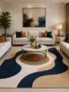 Modern abstract hand tufted rug in navy blue, cream and beige