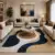 Modern abstract hand tufted rug in navy blue, cream and beige