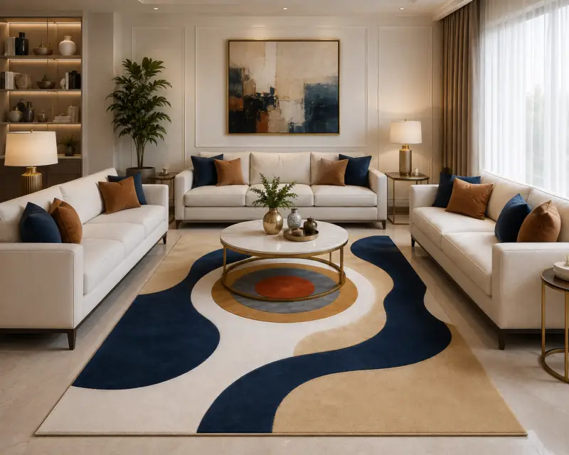 Modern Abstract Hand Tufted Rug – Navy Blue, Cream & Beige