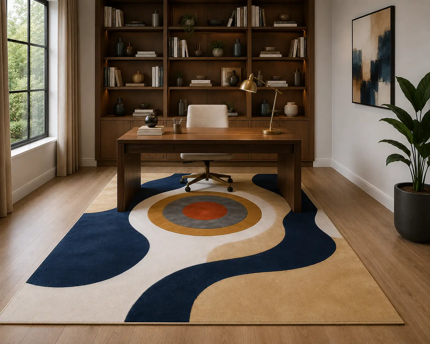 Modern abstract hand tufted rug in navy blue, cream and beige