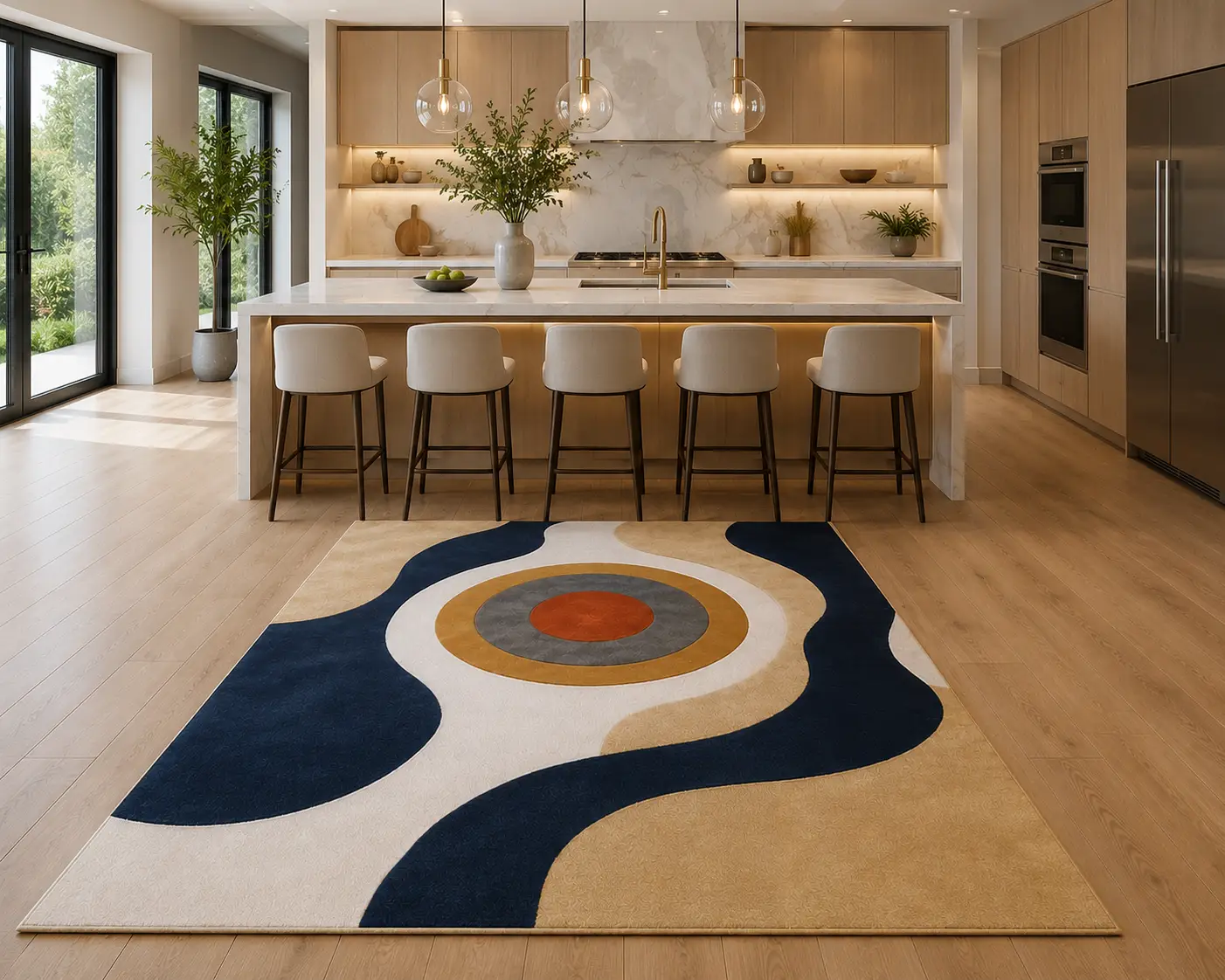 Modern Abstract Hand Tufted Rug – Navy Blue Cream & Beige