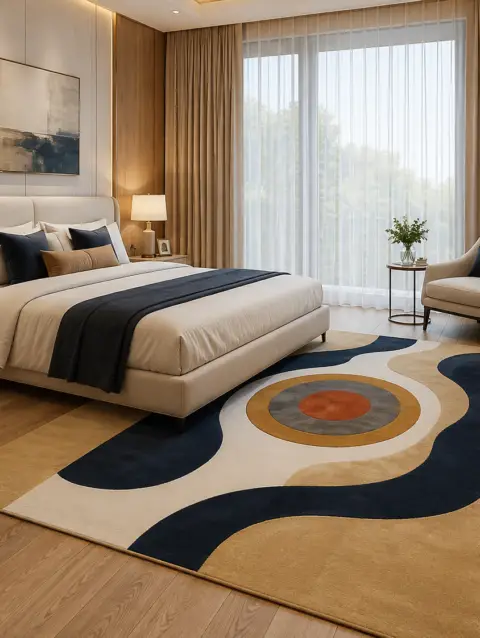 Modern abstract hand tufted rug in navy blue, cream and beige