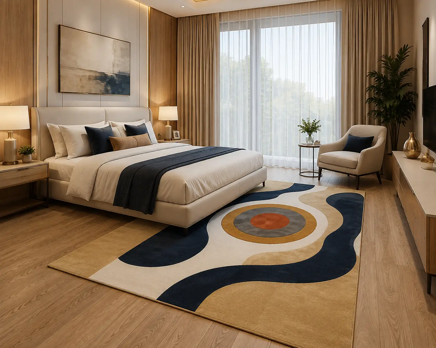 Modern abstract hand tufted rug in navy blue, cream and beige