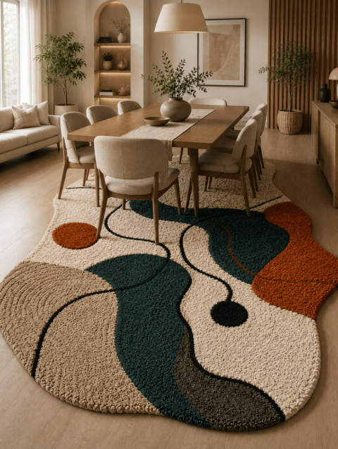 Modern abstract tufted wool rug under a dining table in a warm modern dining room