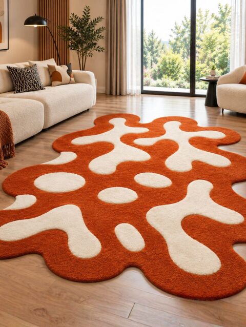 Abstract blob tufted rug with ivory shapes on rust orange beside a cream sofa