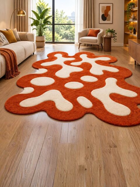 Hand tufted rust and ivory blob rug on an oak floor in a bright living room