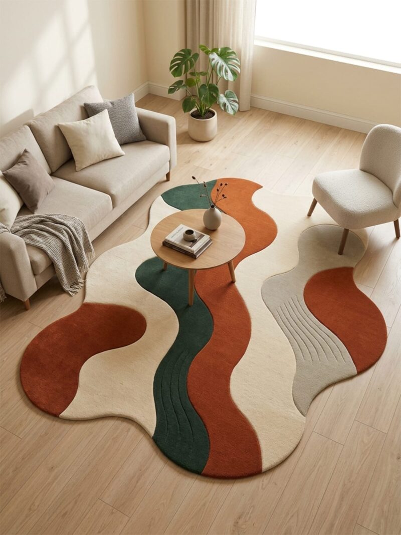 Abstract wave rug in rust orange, forest green and cream under a round wooden coffee table