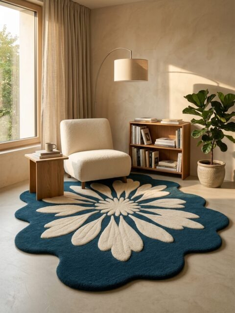 Blue and ivory daisy flower tufted rug with scalloped edge in a reading corner