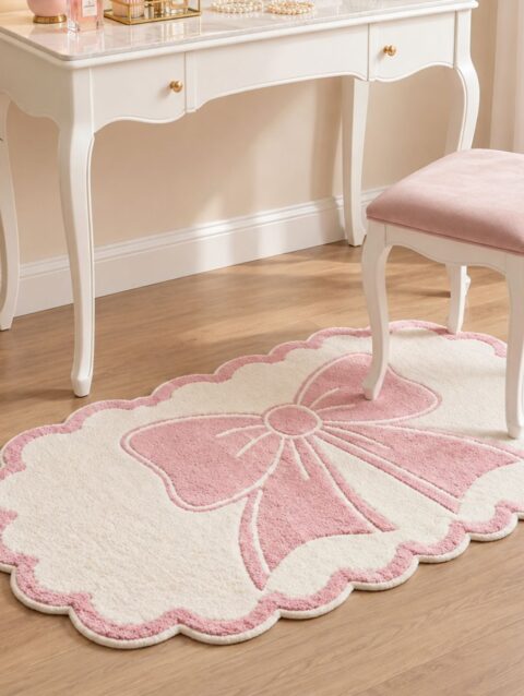 Blush pink bow tufted rug with scalloped ivory edge