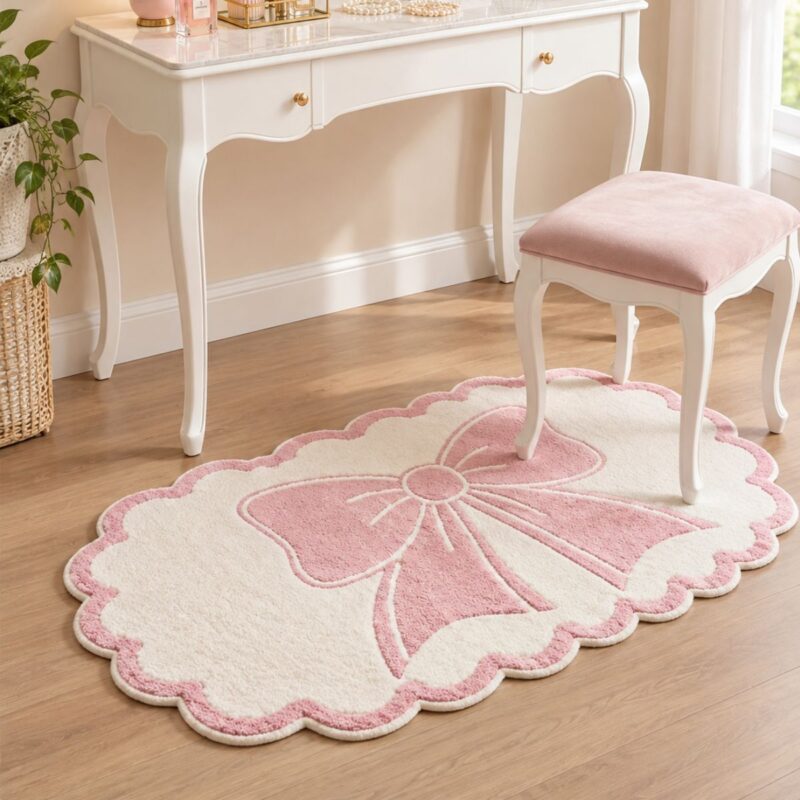 Blush Pink Bow Tufted Rug – Scalloped Ivory Accent Carpet