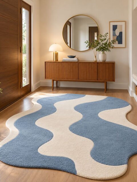 Coastal blue wavy rug with blue and cream waves in a bright entryway