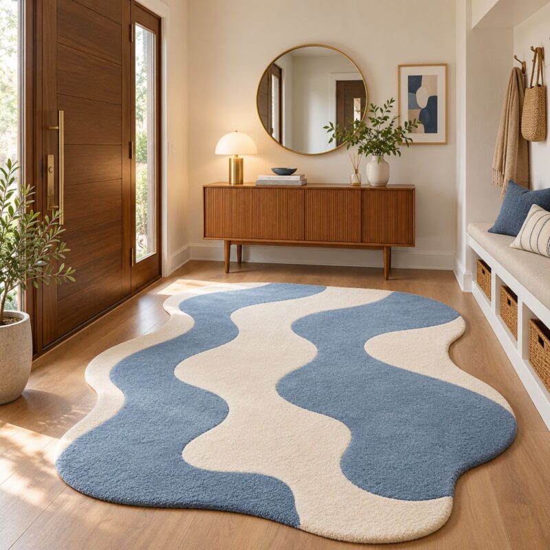 Coastal Blue and Cream Wavy Rug