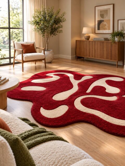 Crimson flow abstract rug with cream flowing lines in a sunlit living room