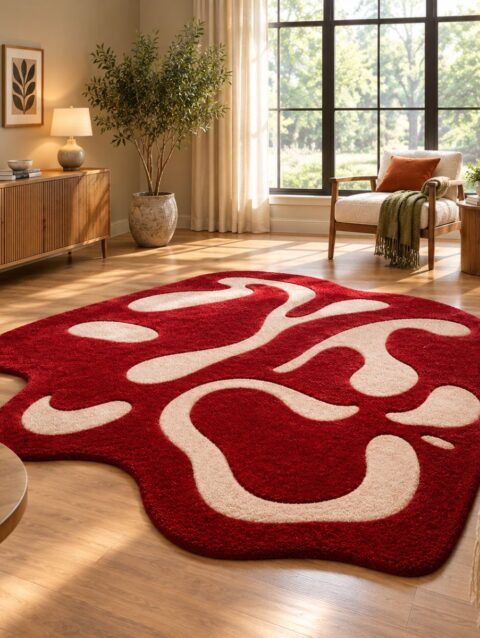Hand tufted red and cream abstract rug with a free-form edge beside a cream sofa