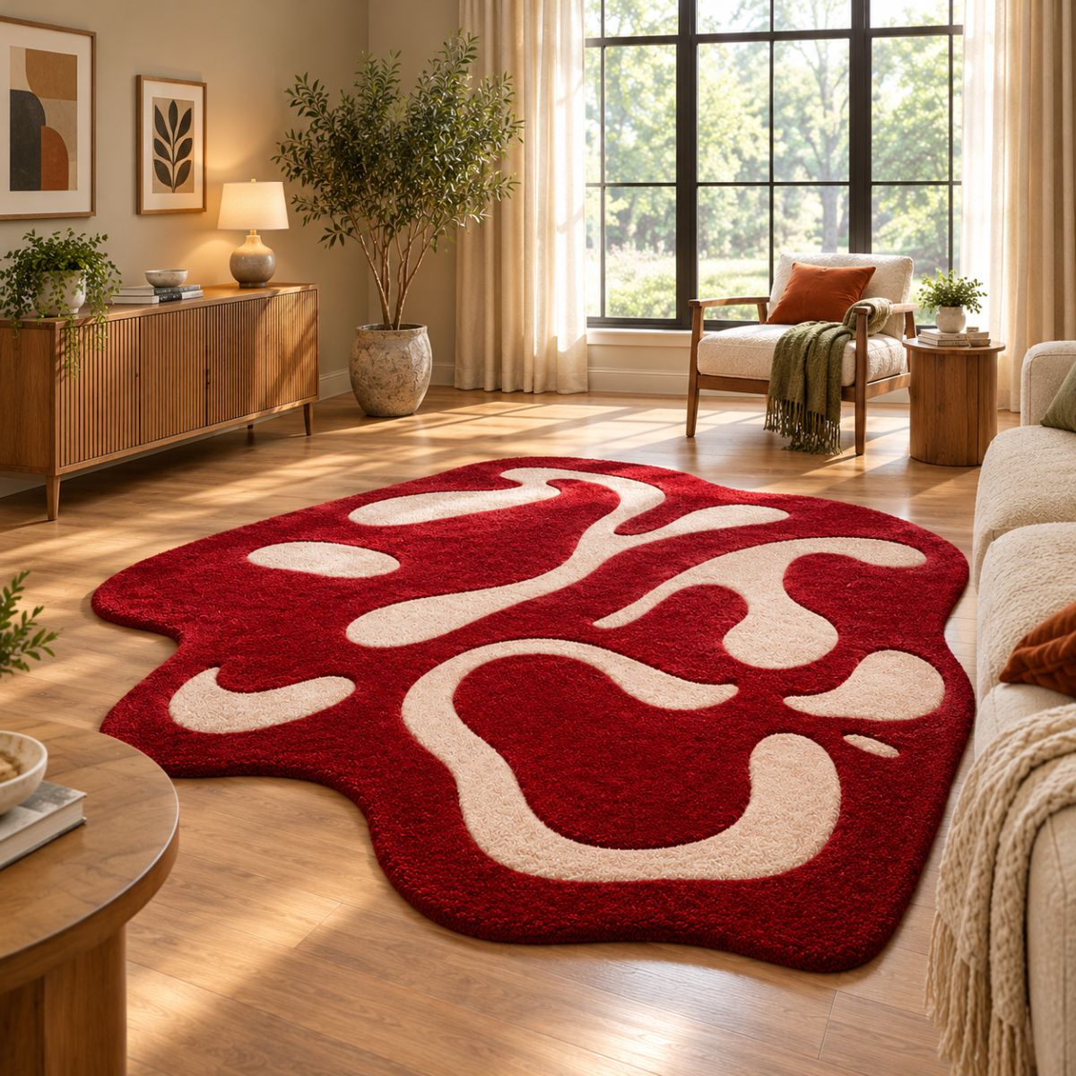 Hand tufted red and cream abstract rug with a free-form edge beside a cream sofa