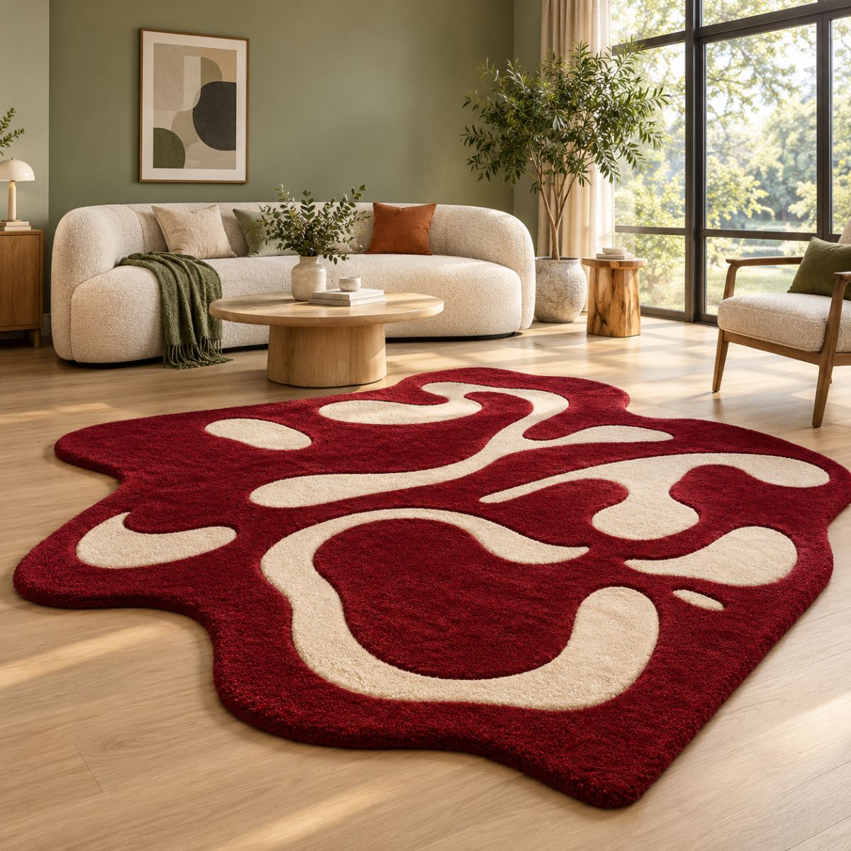 Deep crimson abstract tufted rug with cream organic shapes in a sage green living room