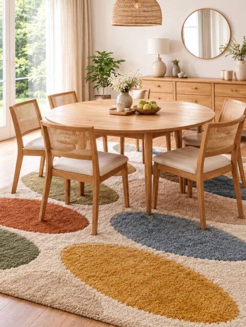 Petal dining table tufted rug under a round table