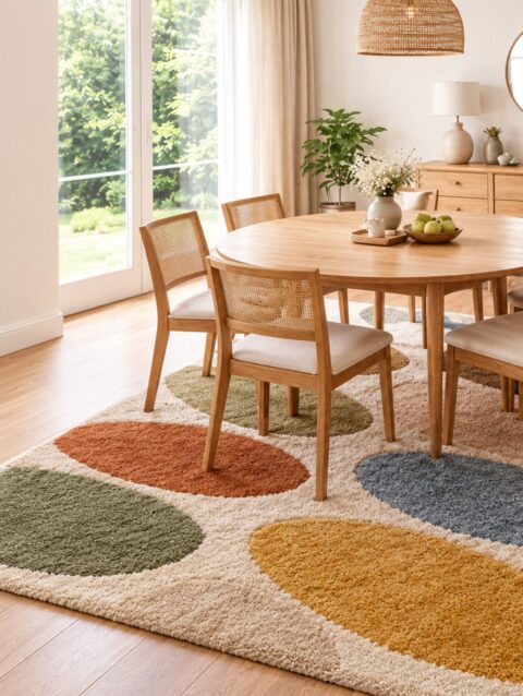 Hand tufted petal dining table rug in a bright dining room beside garden doors