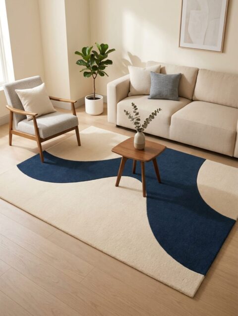 Navy blue and ivory abstract geometric tufted area rug in a living room