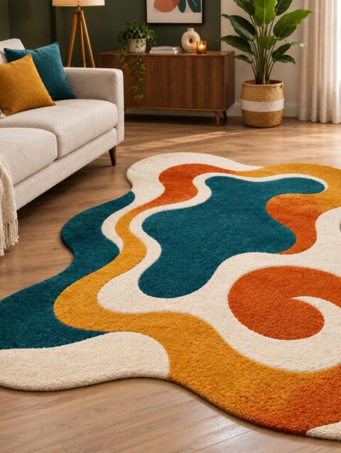 Retro wave tufted rug with rust, mustard and teal waves