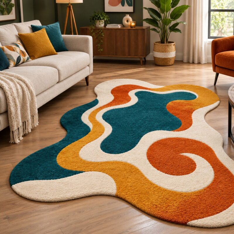 Retro Wave Tufted Rug – Rust, Teal & Cream