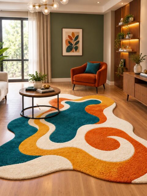 Hand tufted retro wave rug in rust, teal and cream under a round coffee table