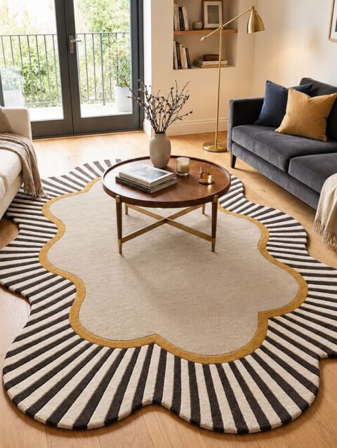 Scalloped sunburst rug in cream, charcoal and mustard