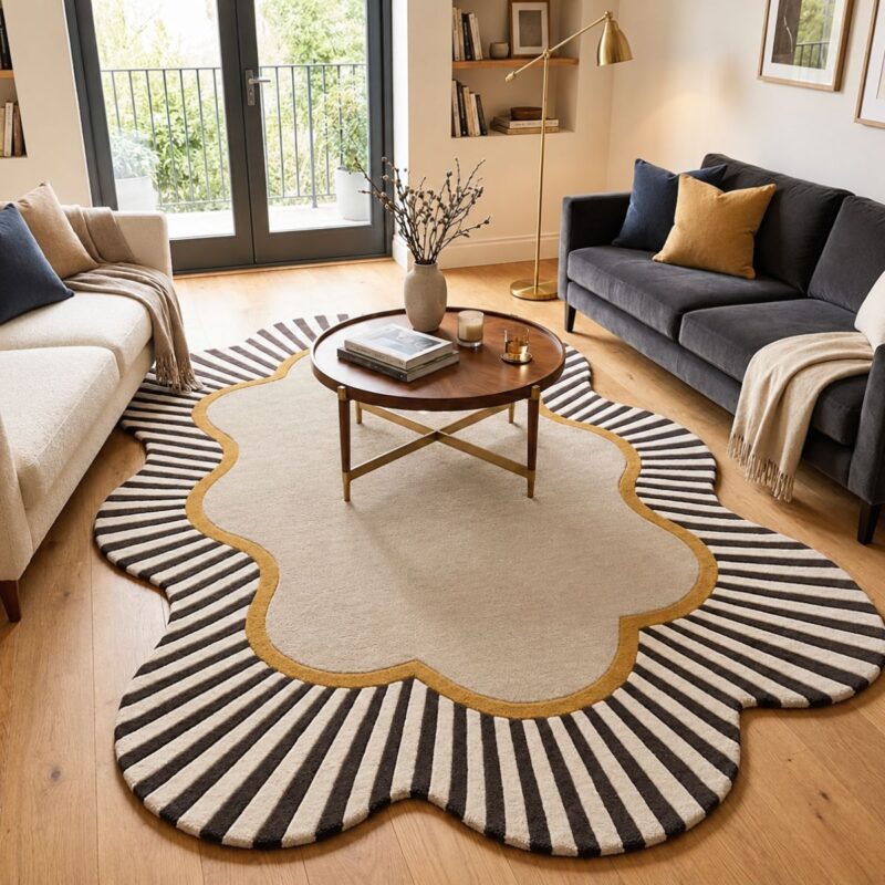 Scalloped Sunburst Hand-Tufted Rug – Cream, Charcoal & Mustard