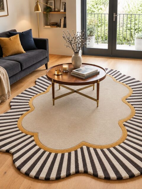 Hand tufted scalloped rug with charcoal and cream sunburst stripes in a bright living room