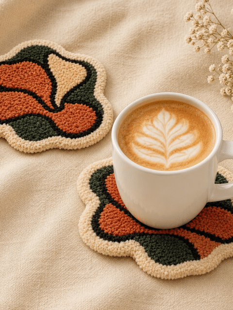 Abstract flower tufted coaster set of two in rust orange, forest green and cream with a latte mug