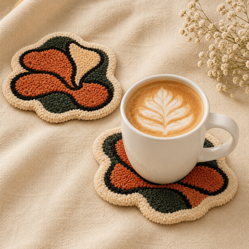 Abstract Flower Tufted Coaster Set (Set of 2) – Rust, Green & Cream