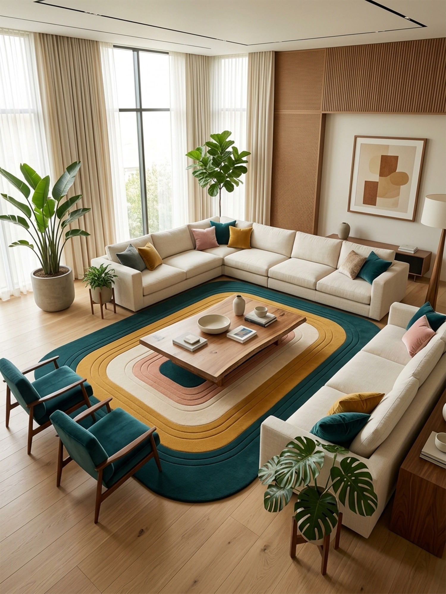 Geometric hand-tufted rug in a living room