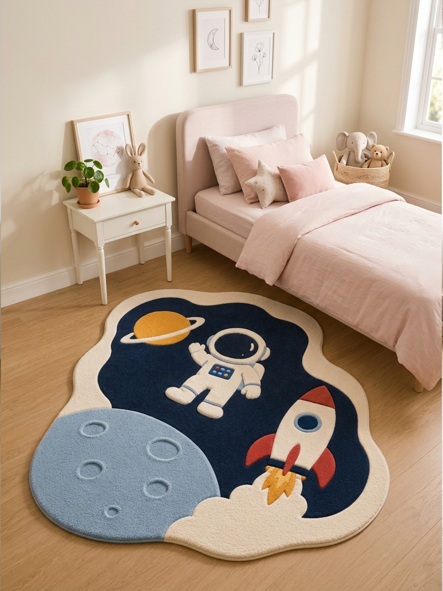 Kids Space Astronaut Tufted Rug in a kids bedroom