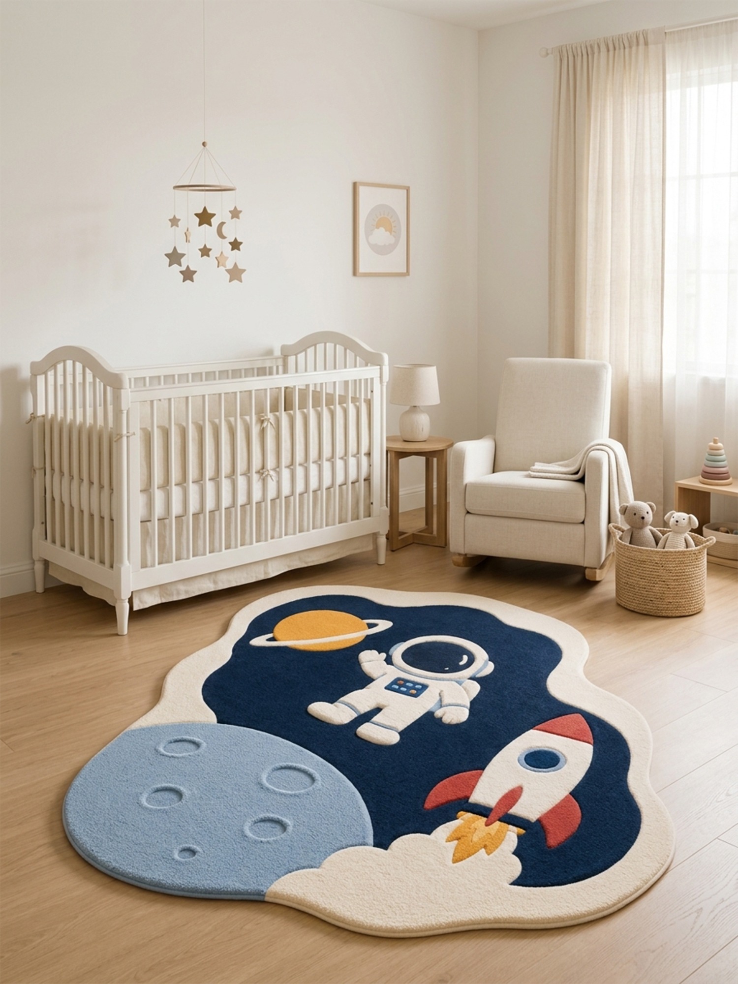 Kids Space Astronaut Tufted Rug in a nursery room