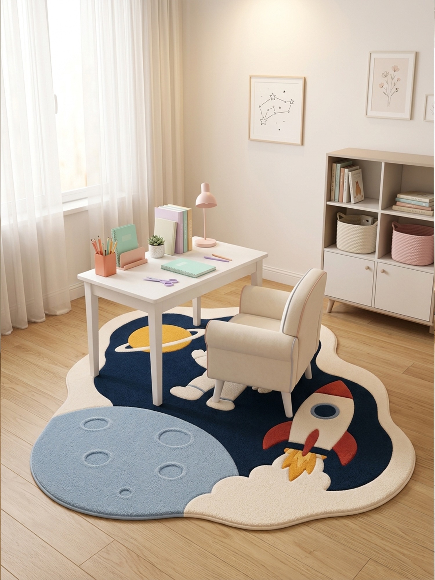 Kids Space Astronaut Tufted Rug in a kids study room