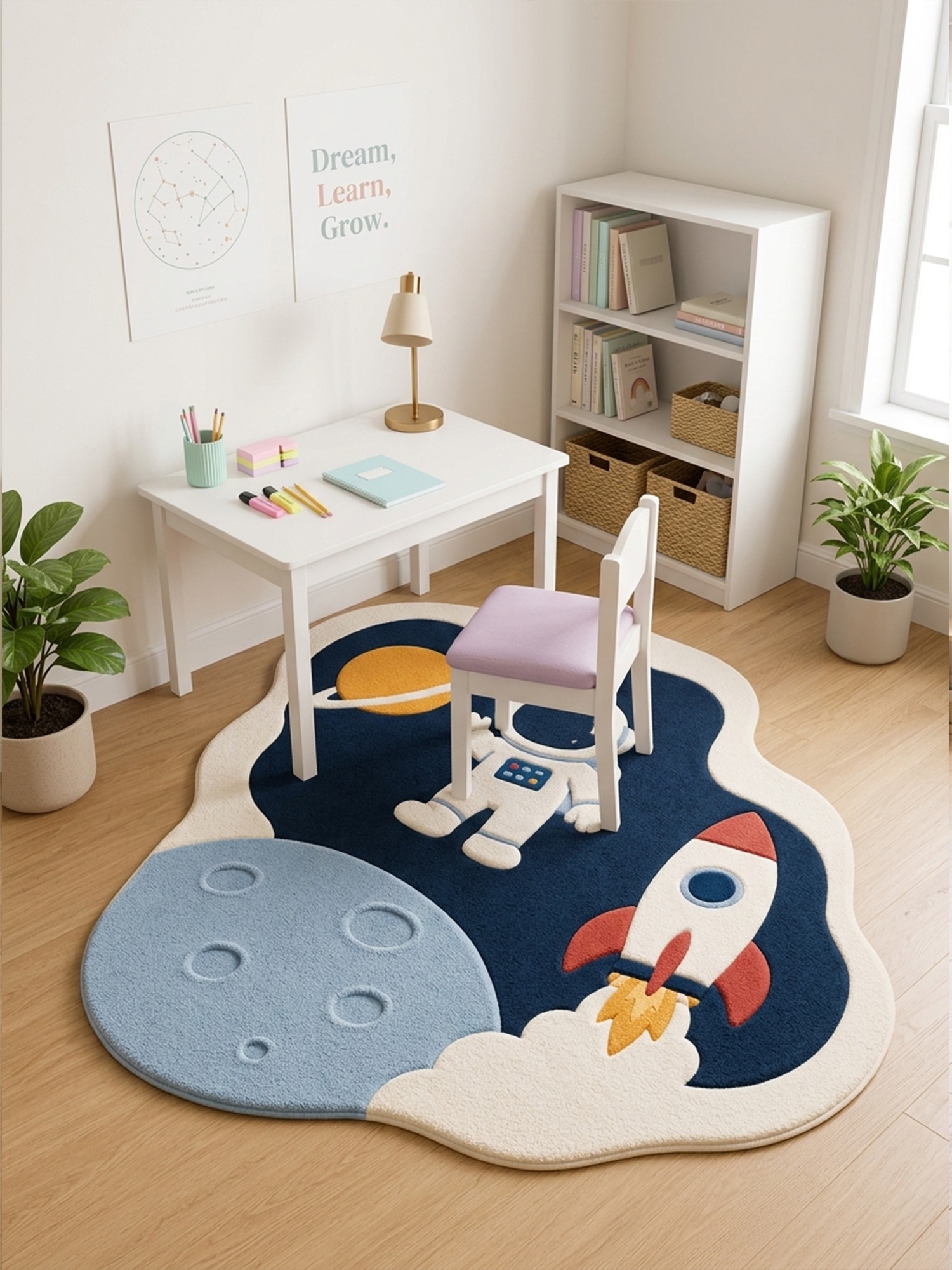 Kids Space Astronaut Tufted Rug in a kids study room