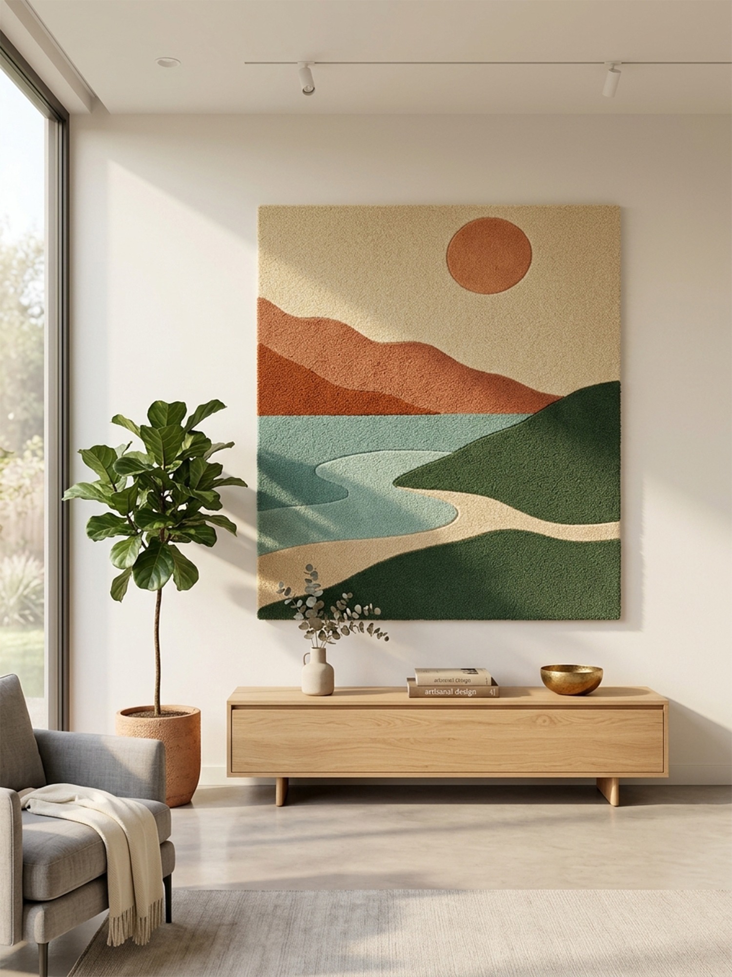 Modern abstract hand tufted wall rug displayed in a contemporary living room
