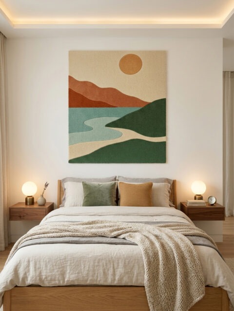 Earth tone landscape tufted wall rug above a bed