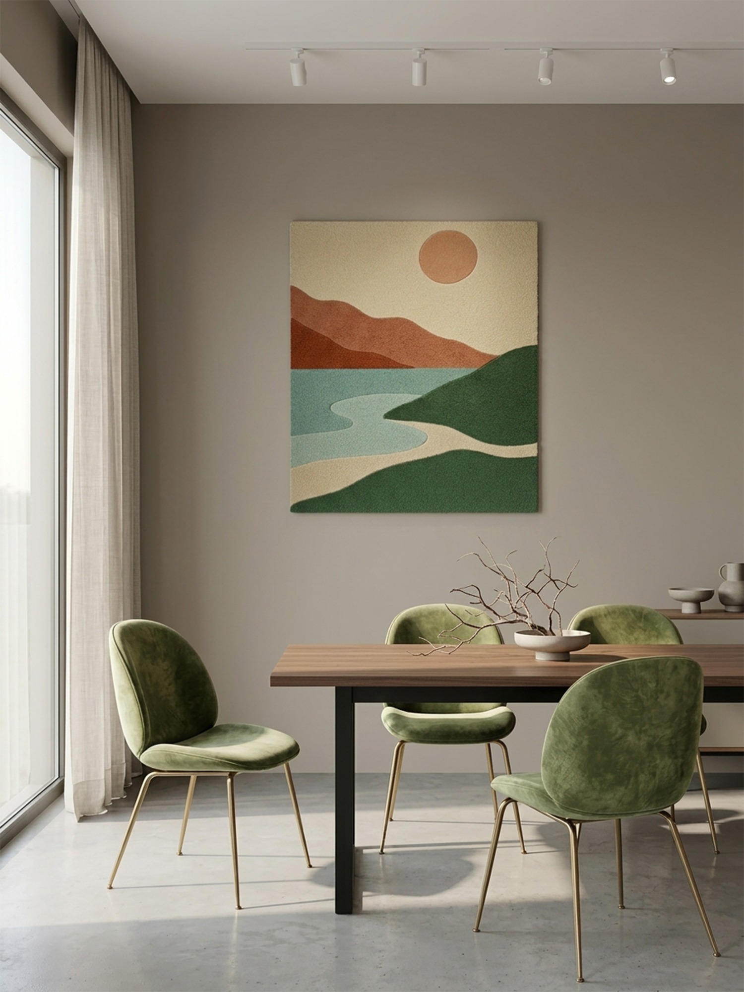Modern abstract hand tufted wall rug with earth tone landscape design displayed in a stylish interior