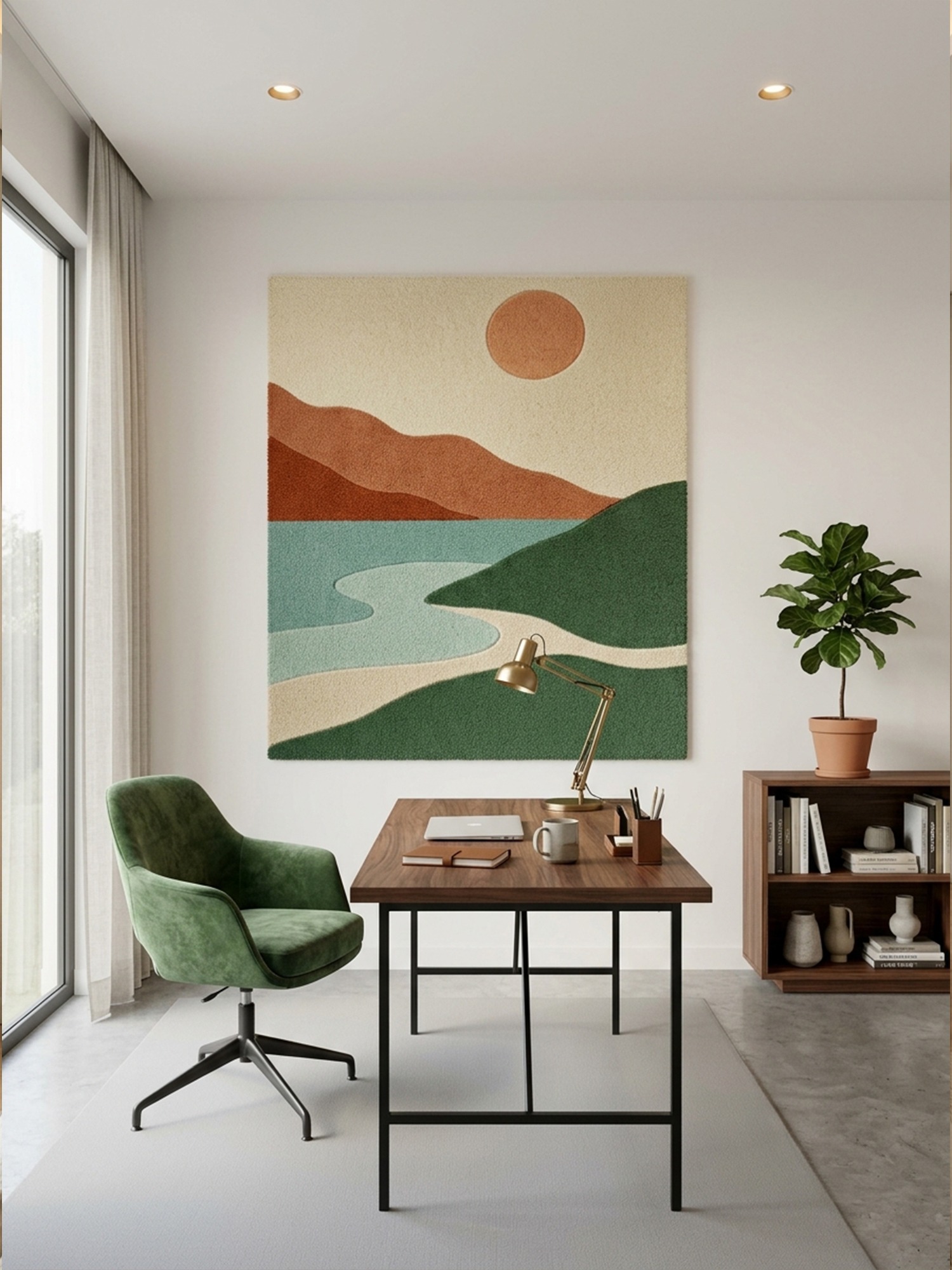 Hand tufted earth tone landscape wall rug with a sun and green hills above a desk in a home office