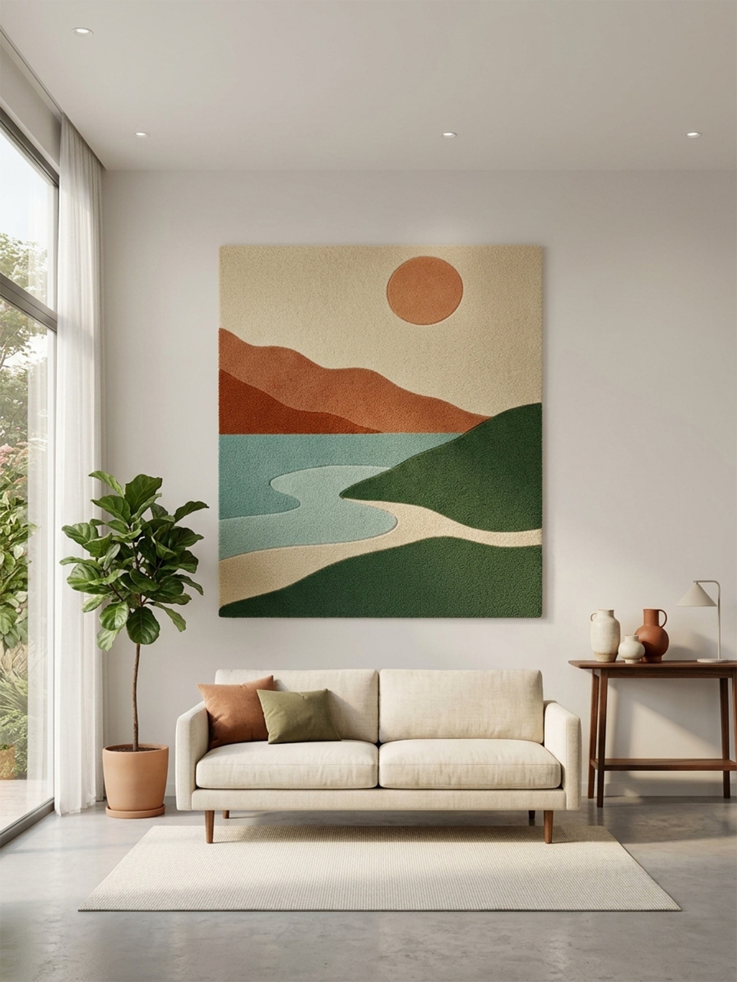 Modern abstract hand tufted wall rug displayed in a stylish porch with earthy landscape colors